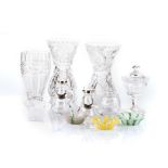 A MISCELLANEOUS COLLECTION OF CRYSTAL AND GLASS comprising: 3 vases in sizes, 2 metal mounted