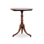 A GEORGE III MAHOGANY TRIPOD TABLE the oval tilt top on a turned tapering support, on hipped