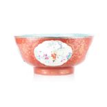 A LARGE CHINESE FAMILLE ROSE BOWL, 19TH CENTURY the exterior with four cartouches depicting
