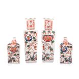 A COLLECTION OF JAPANESE SQUARE VASES comprising: two tall vases, two short vases, depicting phoenix