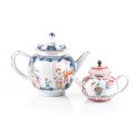 A CHINESE BLUE AND WHITE TEAPOT the globular body depicting figures at various pursuits enclosed