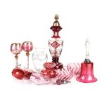 A MISCELLANEOUS COLLECTION OF CRANBERRY CRYSTAL AND GLASS comprising: 6 hock glasses, 2 pipes, 2