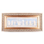 A WEDGEWOOD BLUE JASPER PLAQUE, 19TH CENTURY rectangular shape with applied white relief of