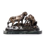 PIERRE JULES MENE: (1810 - 1879) A BRONZE SCULPTURE depicting 2 dogs with 3 suckling puppies, on