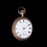 AN 18K YELLOW GOLD OPEN FACED POCKET WATCH the white enamelled dial with black Roman numerals,