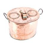 A COPPER SAUCEPAN AND COVER, SMITH & WELLSTOOD, GLASGOW oval, the sides applied with cast-iron