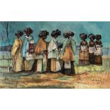 Jan Dingermans (South African 1921 - 2001-) AMAXHOSA WOMEN signed oil on board 40 by 65,5cm