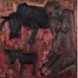 Frans Martin Claerhout (South African 1919-2006) FIGURE WITH CATTLE AND FLOWERS signed oil on