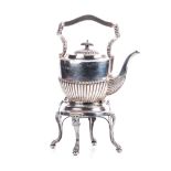 AN ENGLISH SILVER TEA KETTLE ON STAND, WILLIAMS Ltd, BIRMINGHAM, 1903 the oval body with gadrooned