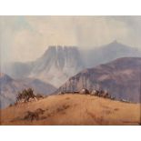 Willem Hermanus Coetzer (South African 1900-1983) LANDSCAPE WITH MOUNTAINS AND HUTS signed oil on