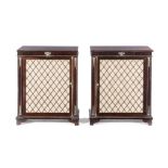 A PAIR OF FRENCH ROSEWOOD CABINETS each rectangular shaped top above a pair of lattice work doors