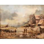 Dutch School ( 19th Century-) LANDSCAPE WITH RIVER, HOMESTEADS AND A WINDMILL signed indistinctly