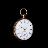 AN OPEN FACED POCKET WATCH, AM WATCH Co. 14k gold, the white enamel dial with black Roman