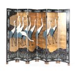 AN JAPANESE SIX-PANEL SCREEN, MODERN depicting cranes at the water’s edge 183cm high, 250cm wide