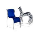 A SET OF SIX BLUE FANTASTIC PLASTIC ELASTIC CHAIRS DESIGNED BY RON ARAD FOR KARTELL each curved back