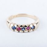 A 9K YELLOW GOLD SAPPHIRE AND RUBY FIVE STONE RING the 3 sapphires and 2 rubies are semi claw-set