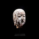 A LARGE CHINESE WOODEN HEAD OF A LOHAN, 19TH CENTURY OR EARLIER the full oval face carved in