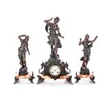 A FRENCH BRONZE AND RED-MARBLE CLOCK GARNITURE, AUGUSTE MOREAU, CIRCA 1900 BUYERS ARE ADVISED THAT A