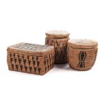 THREE LIDDED BASKETS, BAROTSE, ANGOLA AND DEMOCRATIC REPUBLIC OF CONGO with abstract geometric