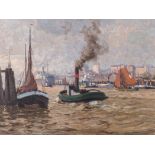 Paul Kutscha (German 26 June 1872-) HAMBURG HARBOUR signed, a label adhered to the reverse bears the