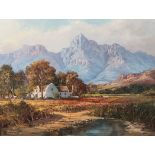 Gabriel Cornelis de Jongh (South African 1913-2004) LANDSCAPE WITH HOUSE AND MOUNTAINS signed and