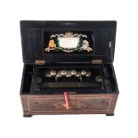 A HONI SOIT QUI MAL Y PENSE EBONIZED, MAHONGANY AND FRUITWOOD CASED MUSIC BOX the hinged moulded