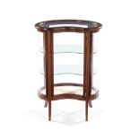 AN EDWARDIAN MAHOGANY AND INLAID VITRINE the kidney-shaped glass top within a conforming frame, a