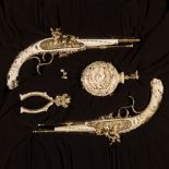 A CASED PAIR OF GOLD, IVORY AND DIAMOND FLINTLOCK DUELLING PISTOLS