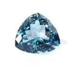 A 14.49CT AQUAMARINE the trilliant cut good+ cyan blue aquamarine is very lightly included and