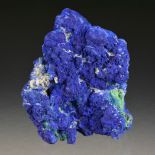 A CLUSTER OF DARK BLUE AZURITE CRYSTALS WITH GREEN MALACHITE The specimen is complete all-round