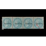 INDIA - 1866 - ½ ANNA STRIP OF 4 OVERPRINTED ‘Service’ - ONE WITH ‘OPEN S’ VARIETY - MINT