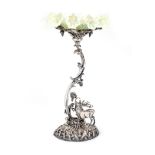 A VICTORIAN ELECTROPLATE FIGURAL EPERGNE WITH GREEN VASELINE GLASS BOWL, MARKED MAPPIN & COMPANY S&