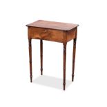 A GEORGE III MAHOGANY TABLE the rounded rectangular hinged top enclosing a compartment on ring-