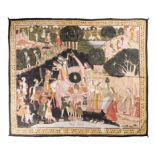 A CONTEMPORARY RAJASTANI TEMPLE HANGING hand painted on cotton, depicting a prince and his courtiers