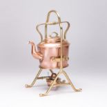 A COPPER KETTLE-ON-STAND, 19TH CENTURY the oval body with brass handle, swan-neck spout, on a