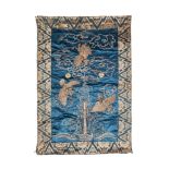 A CHINESE GILT-THREAD EMBROIDERED SILK PANEL stitched with gold thread on a cobalt silk ground,