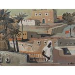 Walter Whall Battiss (South African 1906-1982) WOMAN IN A HADHRAMAUT CITYSCAPE signed oil on board