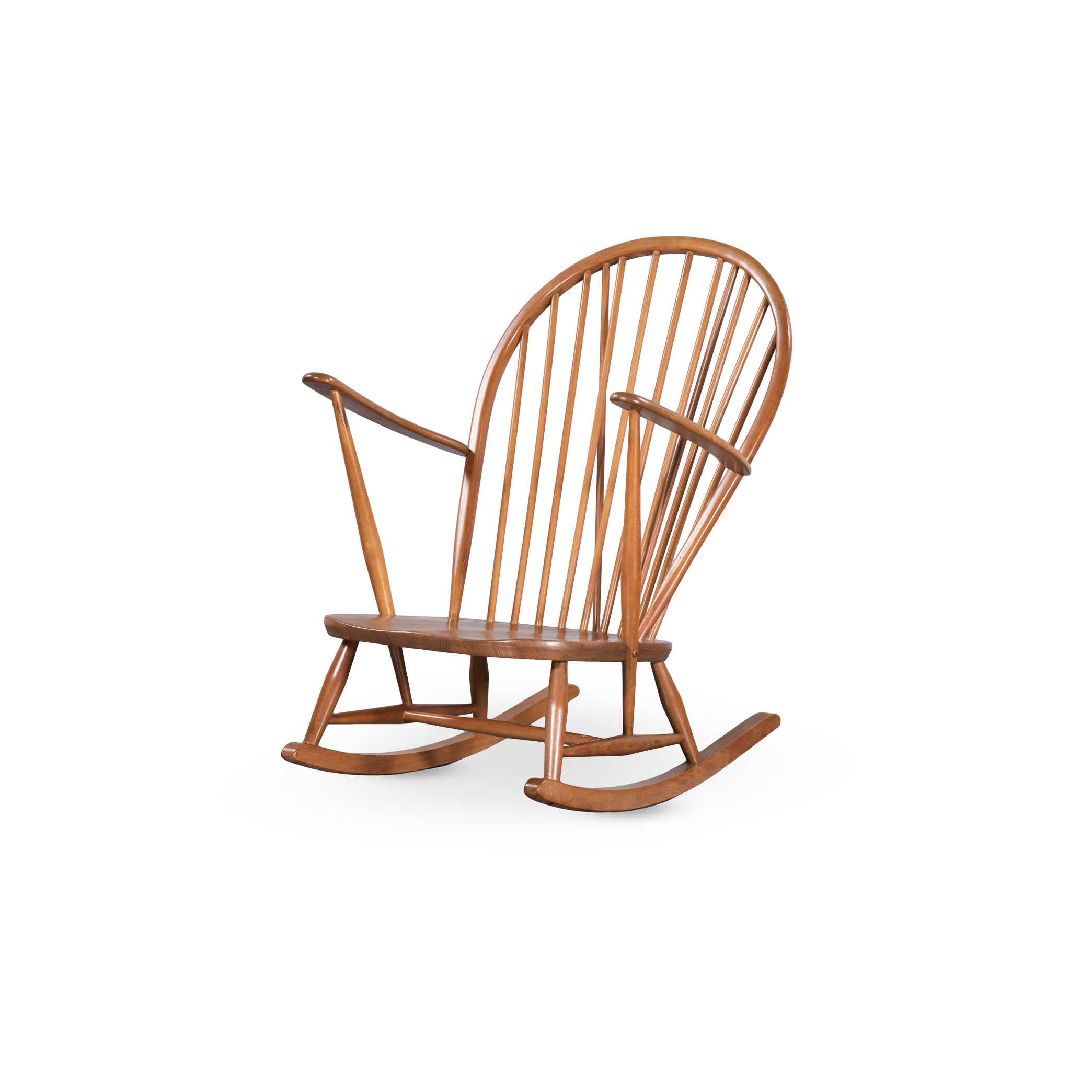 AN ELM PEACOCK BACK ROCKING CHAIR MANUFACTURED BY ERCOL