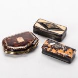 THREE SNUFF BOXES NOT SUITABLE FOR EXPORT one rectangular with tortoiseshell and silver floral