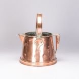 A CONTINENTAL COPPER AND BRASS BARGE WATER CARRIER, 19TH CENTURY hinged over handle above a circular