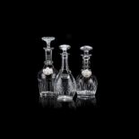 THREE DECANTERS, 20TH CENTURY comprising: 2 glass with loose Staffordshire labels and one crystal