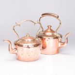 A COPPER KETTLE, 19TH CENTURY of a swan-neck spout, copper handle, dents, 31cm high; and Another,