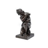 A PATINATED BRONZE OF A FEMALE FIGURE a nude female figure seated on a overturned amphora,