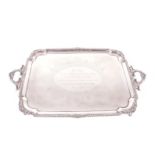 A LATE VICTORIAN SILVER TRAY, CHARLES STUART HARRIS, LONDON, 1896 shaped rectangular with gadroon-