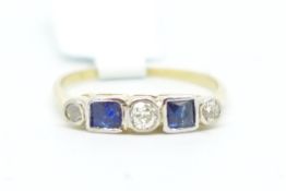 Art Deco sapphire and diamond ring, alternating old cut diamonds and square cut sapphires, set in