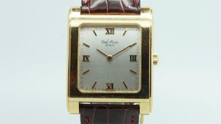 Gents Paul Picot 18ct Gold Wristwatch, square silver dial with gold baton and Roman hour markers,