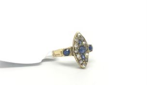 Victorian miniature sapphire and diamond marquise panel ring, old and rose cut diamonds, 14x6mm