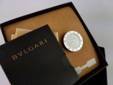 Bvlgari Travel Clock, circular white dial with baton hour markers, 37mm stainless steel case,