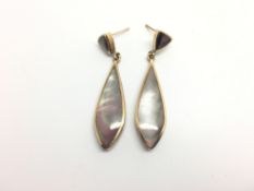 Mother of pearl drop earrings, black mother of pearl drops set in 9ct rose gold, 4.5cm total drop,