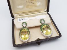 Tsavorite Garnet, diamond and lemon quartz dress earrings, 35mm drop, post and hoop fittings, in